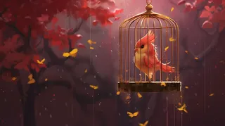 树枝上挂着的鸟笼小鸟插画素材