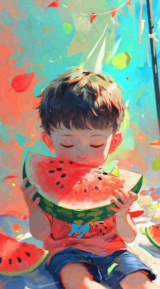 夏日清凉阳光男孩吃西瓜油画手绘插画，儿童节夏至大暑小暑(816x1472)