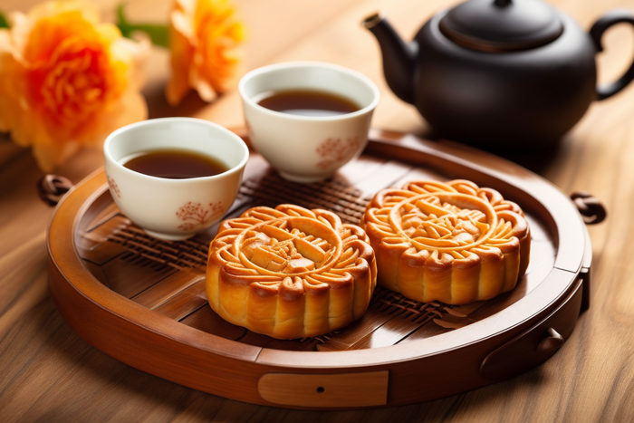 中秋木质托盘餐具上摆放着的月饼和茶壶杯子摄影图