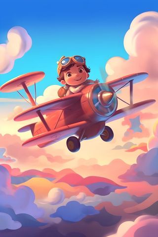 天空遨游飞机人物云朵晚霞插画背景