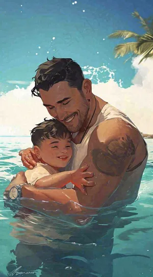 夏日泳池父爱父亲节家庭游泳，蓝天阳光，大暑小暑暑期