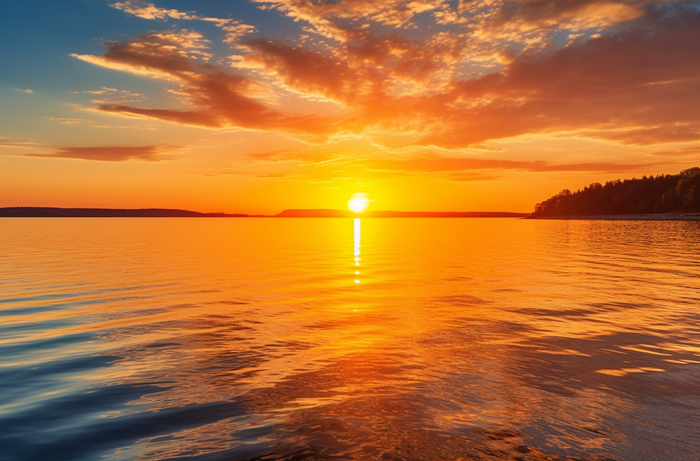 美丽的日落湖泊海洋的地平线上的太阳摄影图