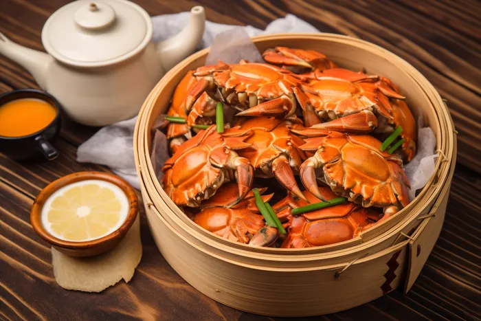 餐桌蒸笼屉里的螃蟹和茶壶摄影图(4032x2688)