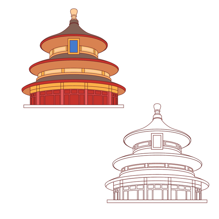 复古中国风国潮古建筑插画手绘高楼古塔AI素材亭子png免抠图ai矢量模版下载