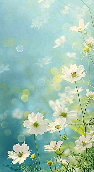 春天清新白色花朵温馨，蓝色朦胧，立春惊蛰春分摄影图