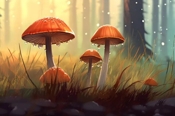 春天草丛蘑菇森林手绘插画海报素材背景(5376x3584)