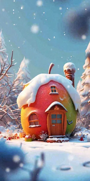 冬天红色雪屋雪地雪花，卡通可爱