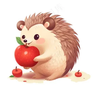 刺猬吃苹果的刺猬插画免抠