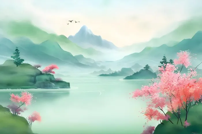 国风清新山河绿植背景(3600x2400)
