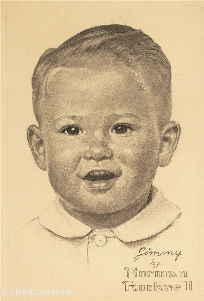 诺曼 · 洛克威尔手绘素描微笑的男孩装饰画
