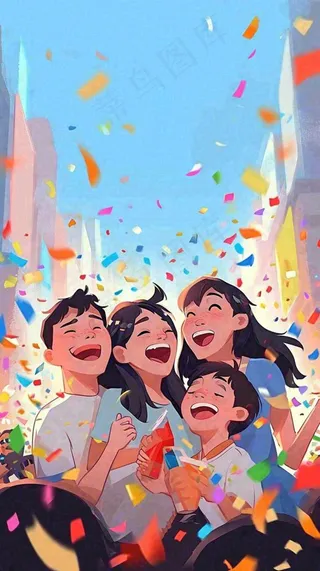 青年狂欢庆祝活动手绘插画，彩带街道