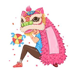 新年春节虎年元宵手绘人物舞狮卡通狮子头插画元素PSD设计素材