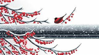 下雪天红色果实的树枝是铺满了雪和小鸟