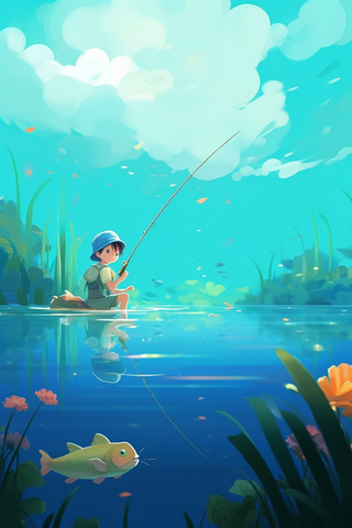 夏日插画男孩在河流湖泊钓鱼背景