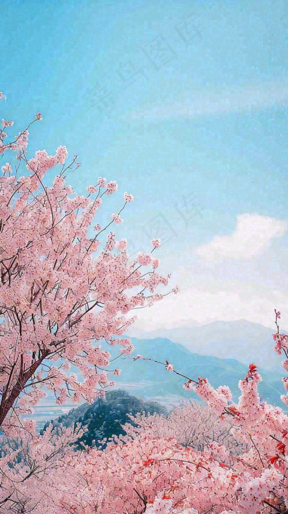 春天山河边蓝天粉色樱花花朵，惊蛰立春(816x1456)
