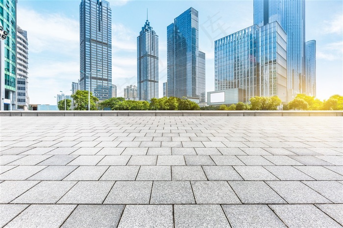 高楼大厦前的地砖路面高清图片