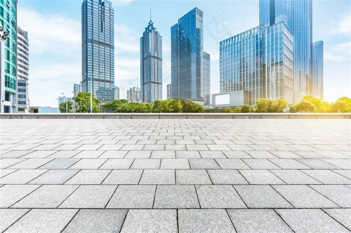 高楼大厦前的地砖路面高清图片