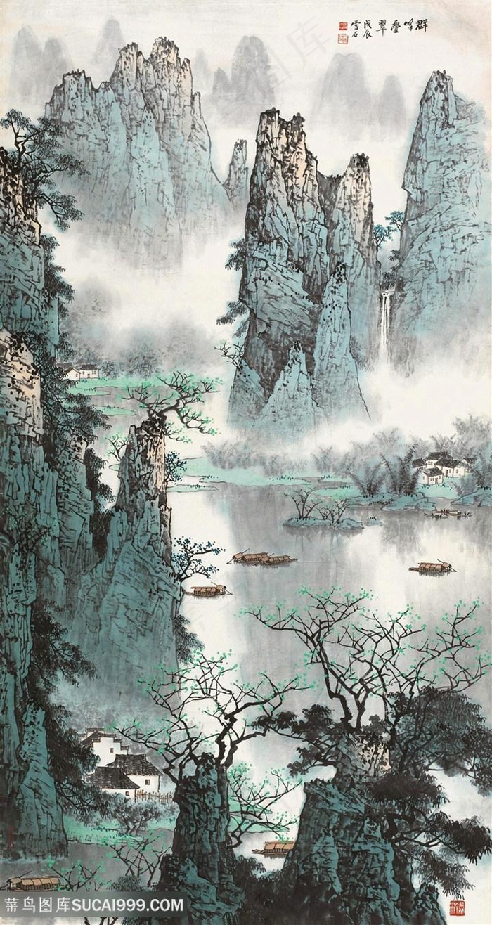 白雪石唯美水墨风景画国画图片