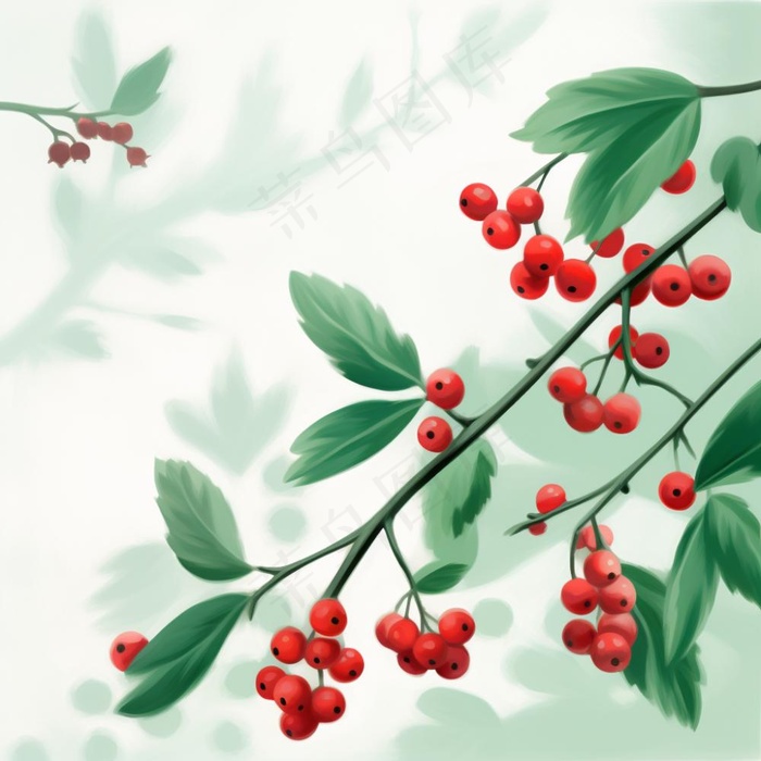 树枝上的红色果实小清新植物水墨画插画素材