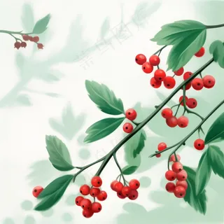 树枝上的红色果实小清新植物水墨画插画素材