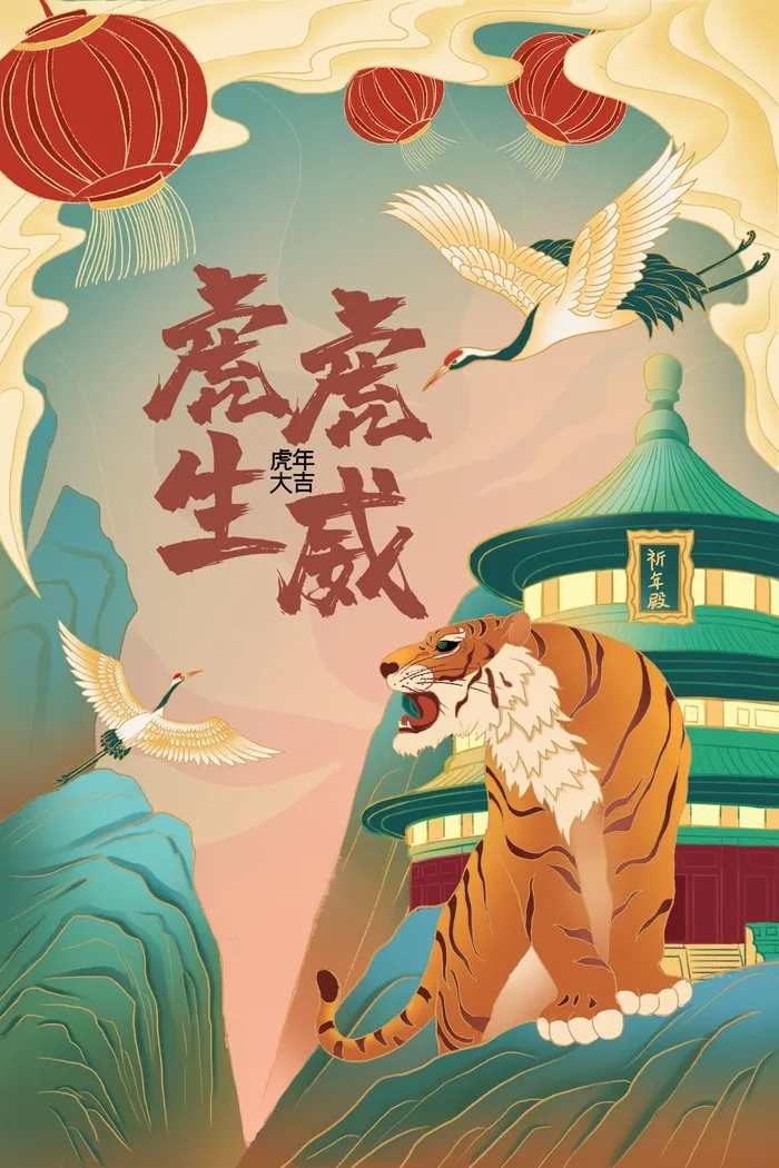 虎年中国风萌虎插画psd模版下载