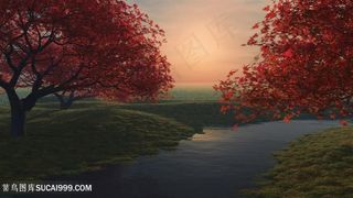 湖畔枫叶草地美景图片