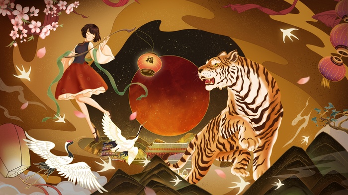 虎年中国风萌虎插画psd模版下载