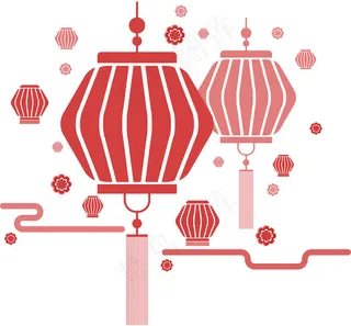 中国风 手绘 卡通元素 传统 复古红 灯笼装饰 PNG 免抠 