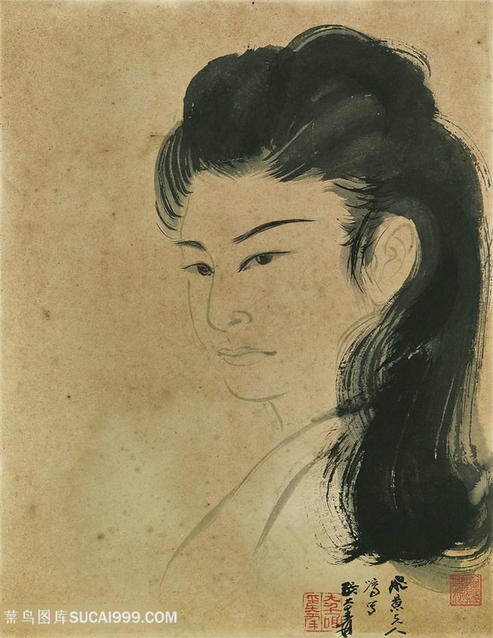 张大千手绘中式美女装饰画