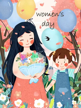 大气妇女节女神女王女生母亲节卡通手绘插图插画海报素材设计模板