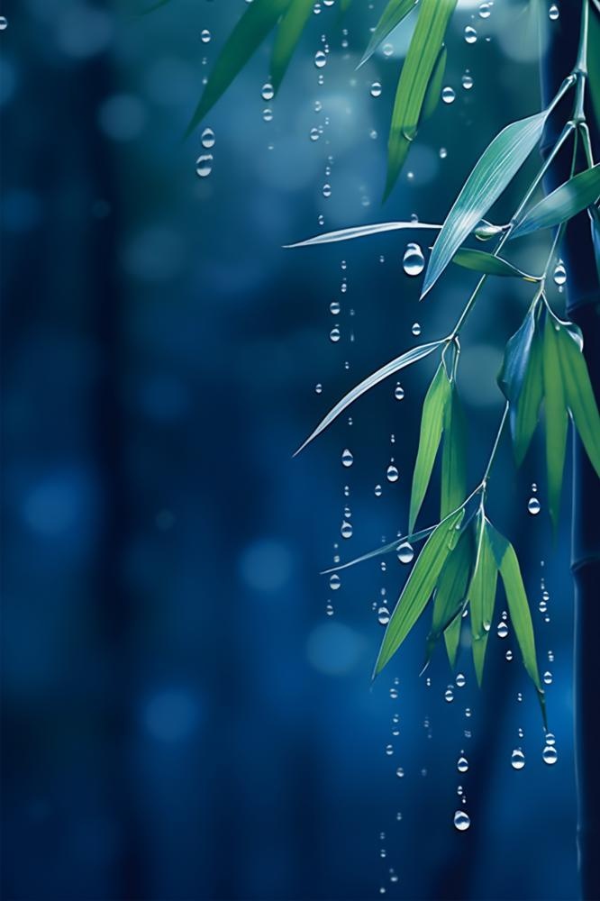 蓝色雨滴竹叶意境夜晚节气海报背景