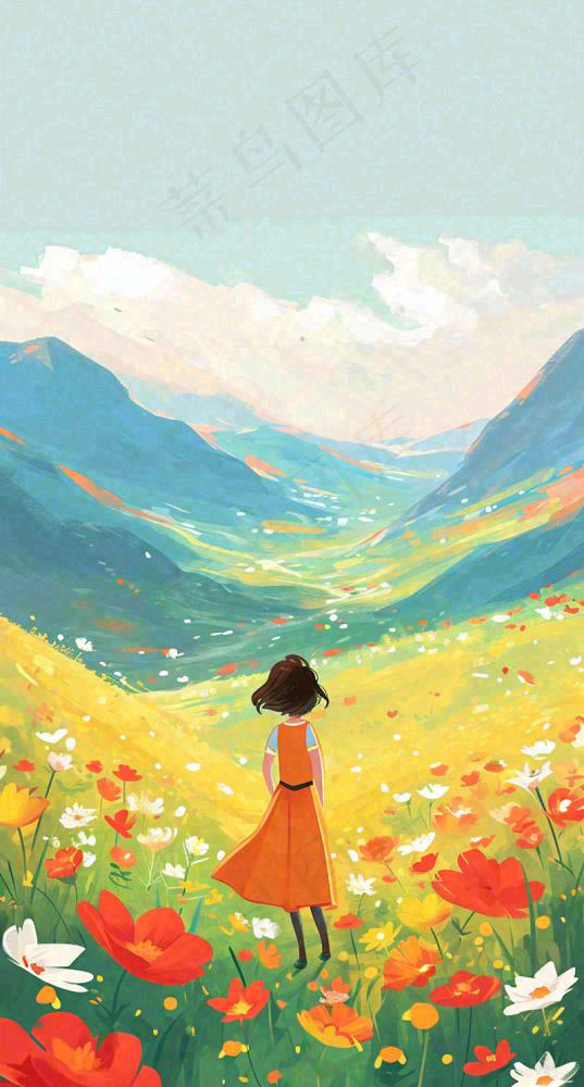 春日浪漫山脉鲜花草坪里的女孩，油画手绘插画，春分(800x1488)