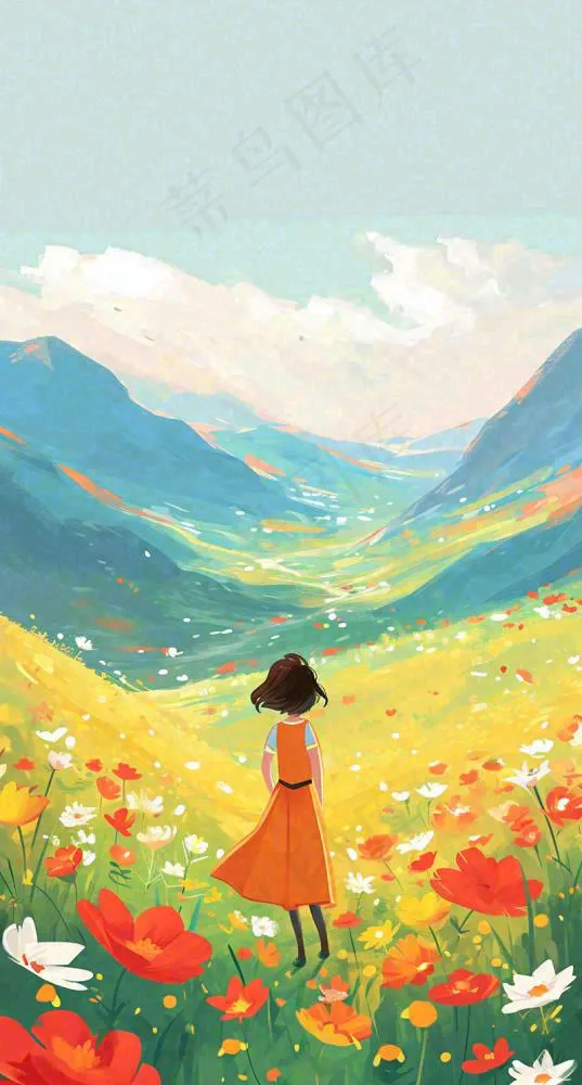 春日浪漫山脉鲜花草坪里的女孩，油画手绘插画，春分(800x1488)