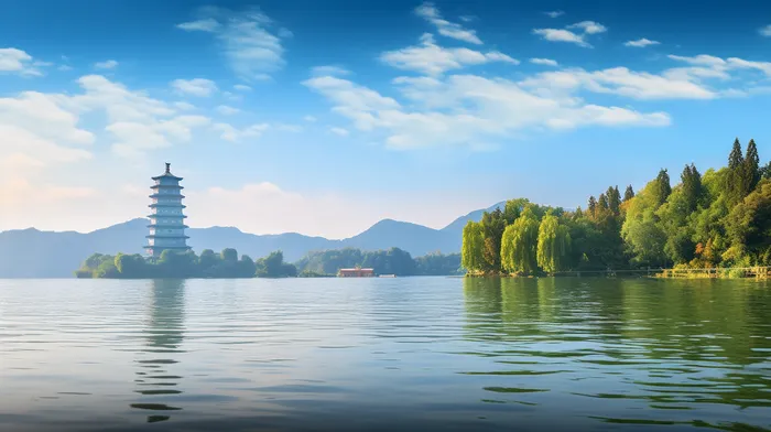 湖面远处的建筑塔树木摄影图(4368x2448)