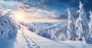 茫茫的雪原清晨日出霞光普照摄影图