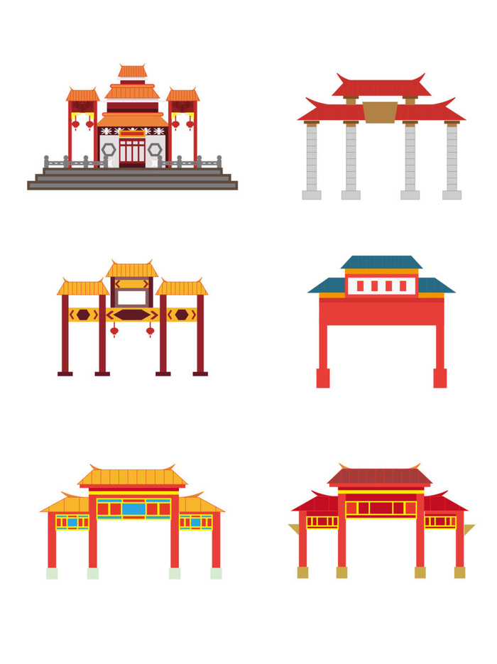 中国风复古式国潮门楼手绘城门插画牌楼建筑AI素材png免扣图