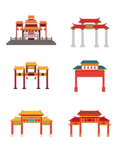 中国风复古式国潮门楼手绘城门插画牌楼建筑AI素材png免扣图