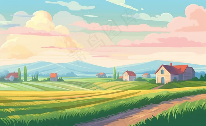 乡村村庄美丽风景河流插画农田插画背景(1408x864)