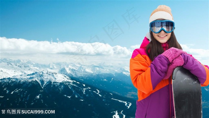 雪山与滑雪美女高清图片