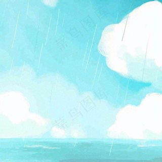 夏天海边蓝天白云水彩画