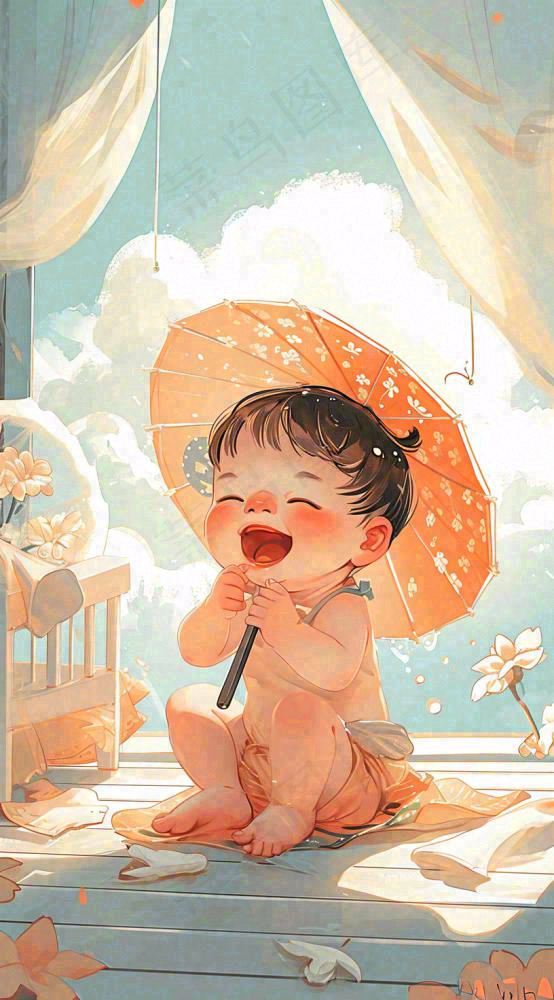夏天风扇凉快清新儿童，阳光夏至手绘插画(816x1472)