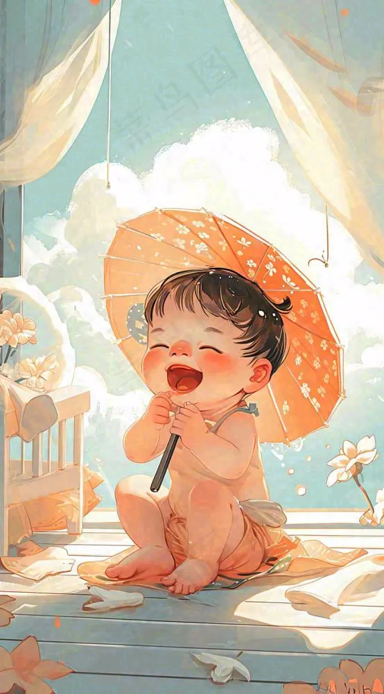 夏天风扇凉快清新儿童，阳光夏至手绘插画(816x1472)