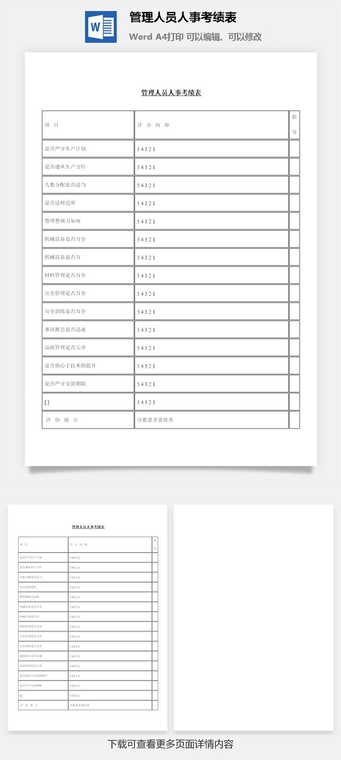 管理人员人事考绩表word模板