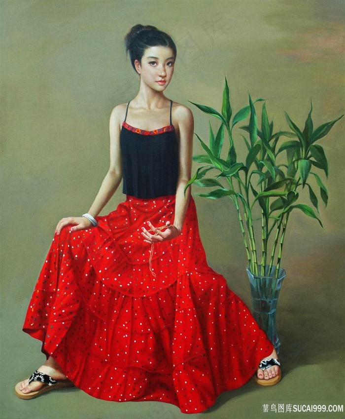 竹子透明瓶子女人油画装饰画