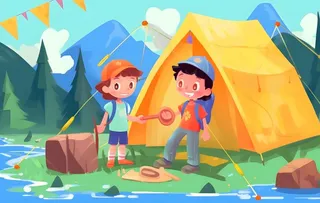 户外野外森林草原露营人们卡通插画背景