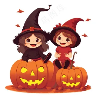 万圣节女巫南瓜灯捣蛋卡通插画免抠