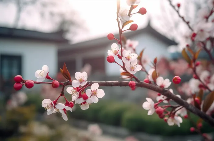 开花的中国传统梅花在阳光下摄影图壁纸(5440x3584)
