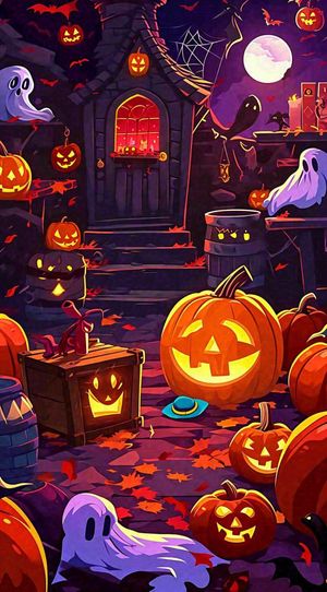 恐怖气氛万圣节南瓜屋子，西方节日卡通