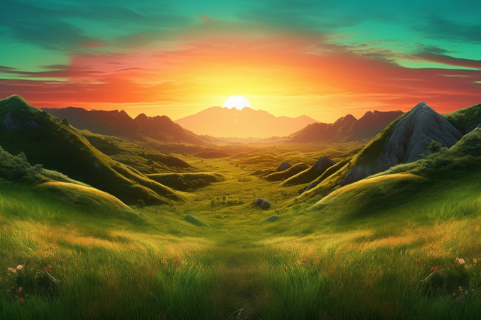 绿色田野在美丽的日落霞光下长出杂草在的阳光明媚的山景插画背景(4032x2688)