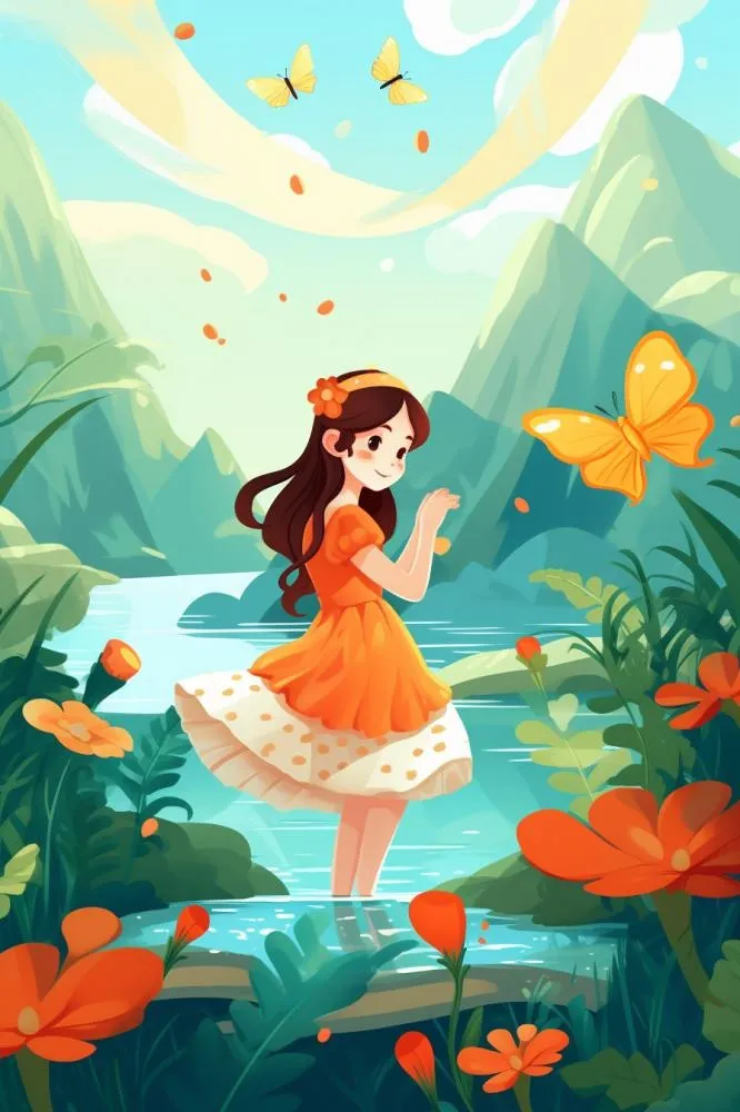 清新花草女孩蝴蝶插画背景(896x1344)